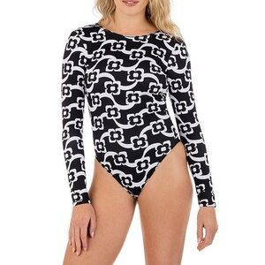 Hurley Black & White Floral Wave Long-Sleeve One-Piece
